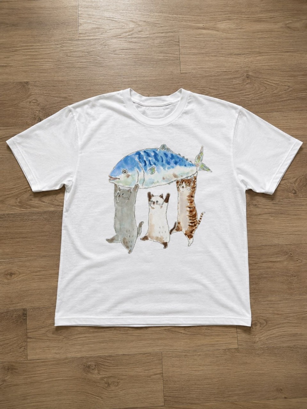 Blue Fish & Multi-Color Cats Gildan White Short-Sleeve Tee Graphic